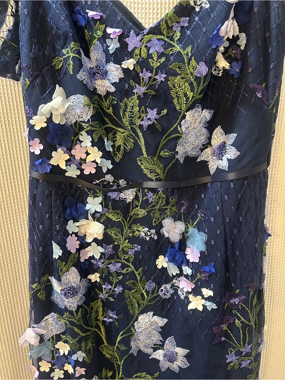 Marchesa Notte Navy Floral Appliqué Embroidered Off Shoulder Tulle Gown Dress 8 - Picture 7 of 9